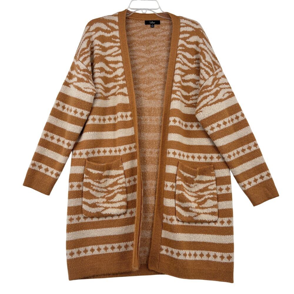 Lulus Cardigan Sweater Size S Brown Cream Open Tunic Longline Hand Pockets